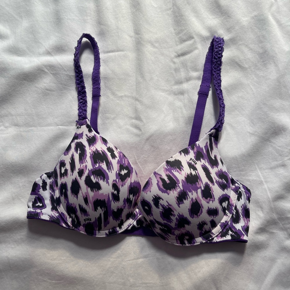 pink victoria secret purple cheetah print push up bra